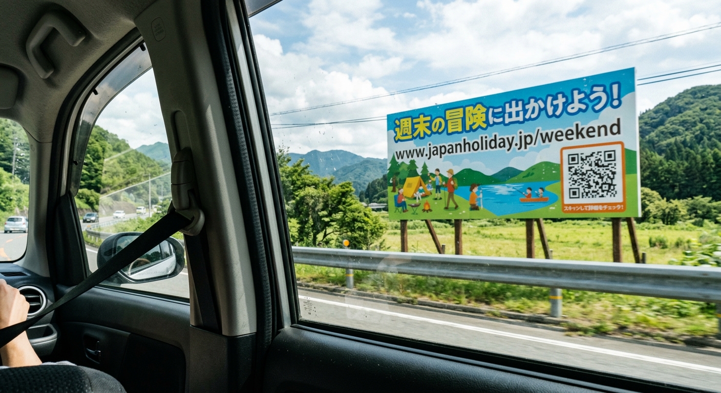 道路沿いの看板に長い英字URLとQRコードが表示された例