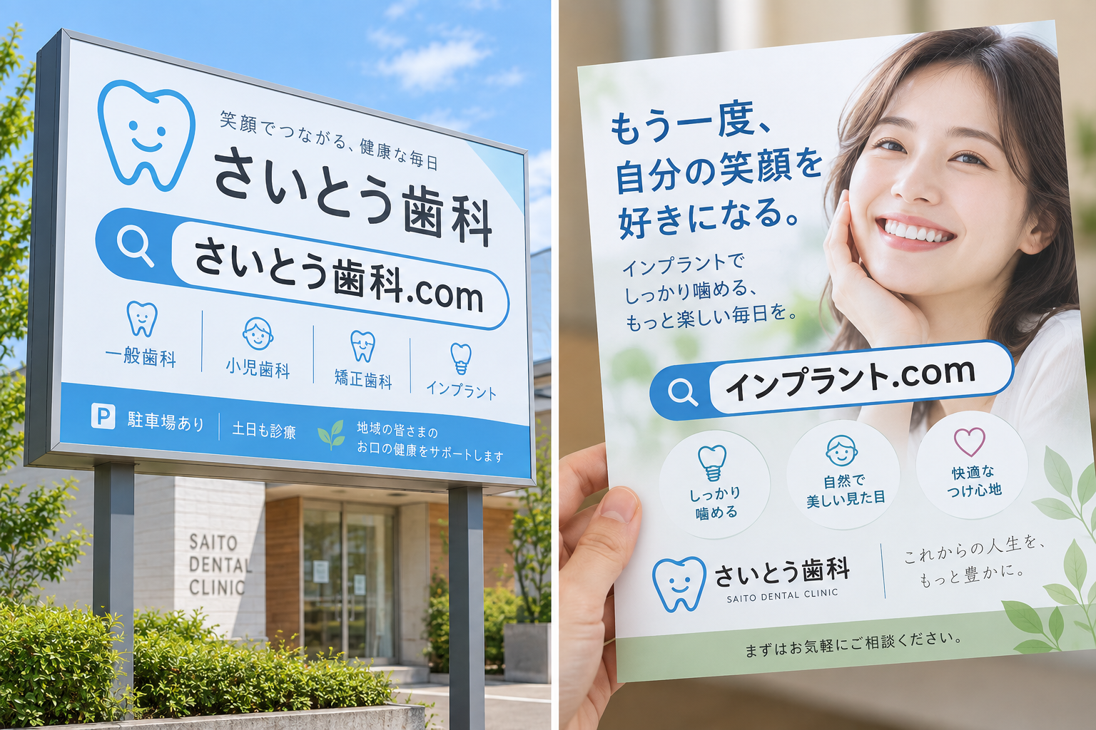 歯科クリニックの看板とチラシに、さいとう歯科.comとインプラント.comを表示した例