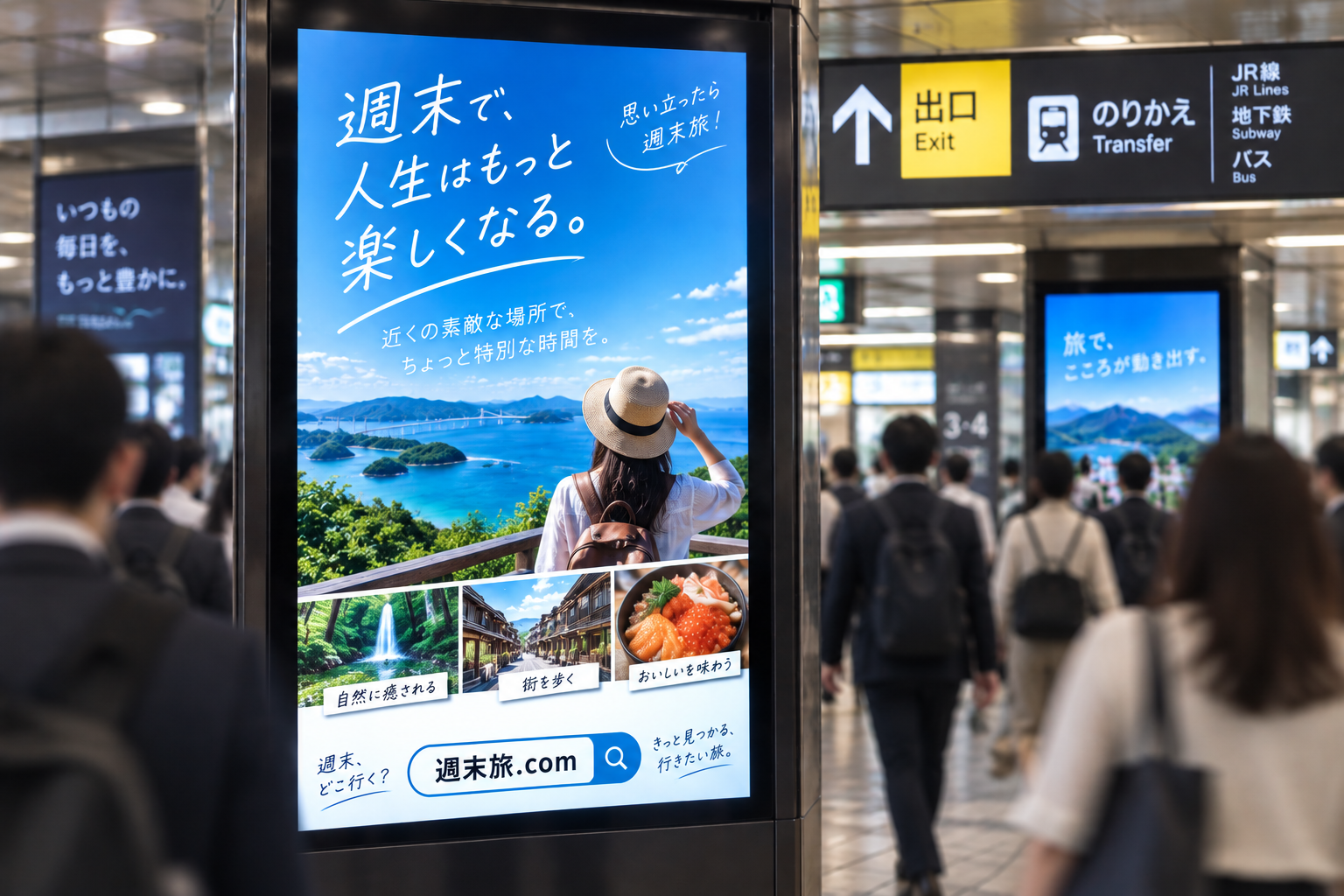 駅構内のデジタルサイネージに、週末旅.comを表示した例
