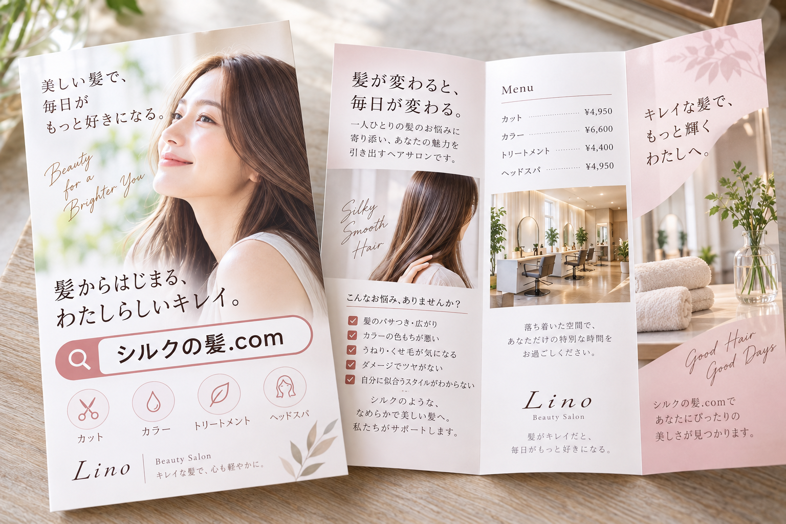美容サロンのチラシとパンフレットに、シルクの髪.comを表示した例