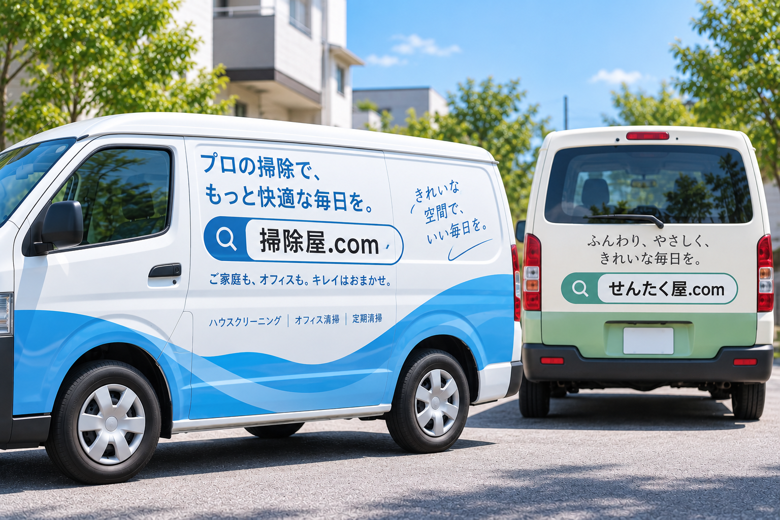 営業車の側面と後部に、掃除屋.comとせんたく屋.comを表示した例