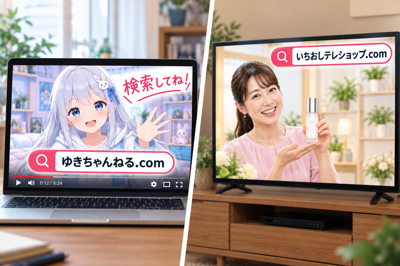 動画とテレビショッピングに、ゆきちゃんねる.comといちおしテレショップ.comを表示した例